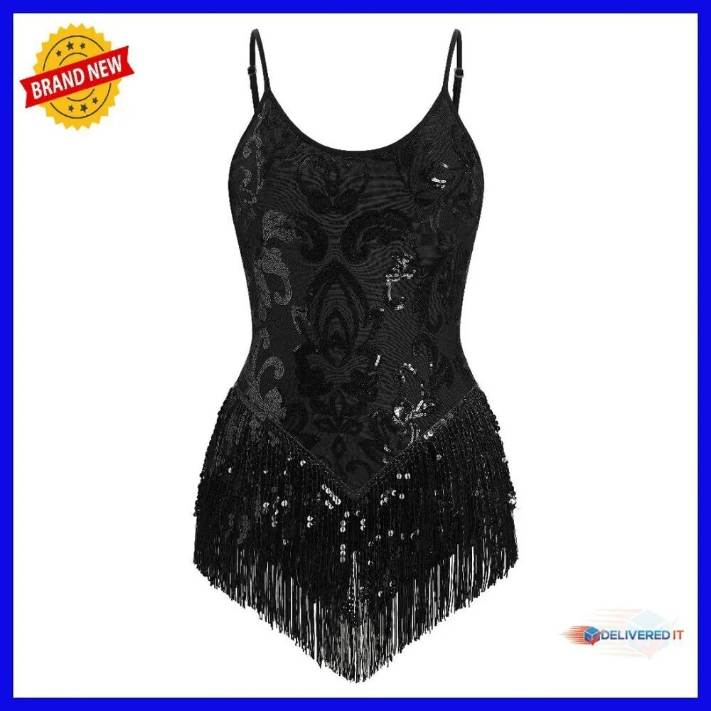 Sequin Fringe Bodysuit Latin Dance Leotard Rave Outfit XS-XL